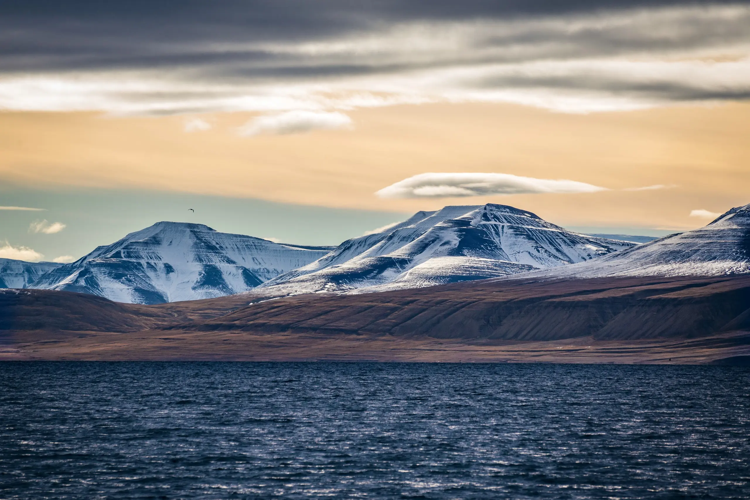 Snow-streaked coastal mountains across the sea under an amber Arctic sky