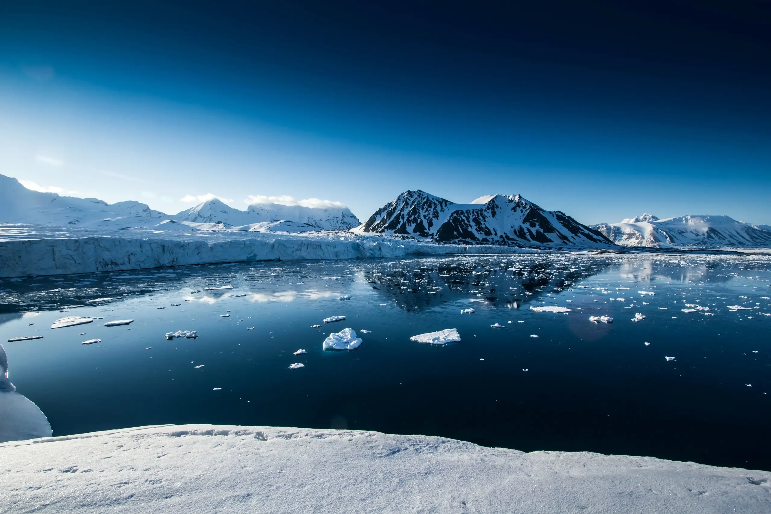 Glacier front and icebergs under a deep blue summer sky