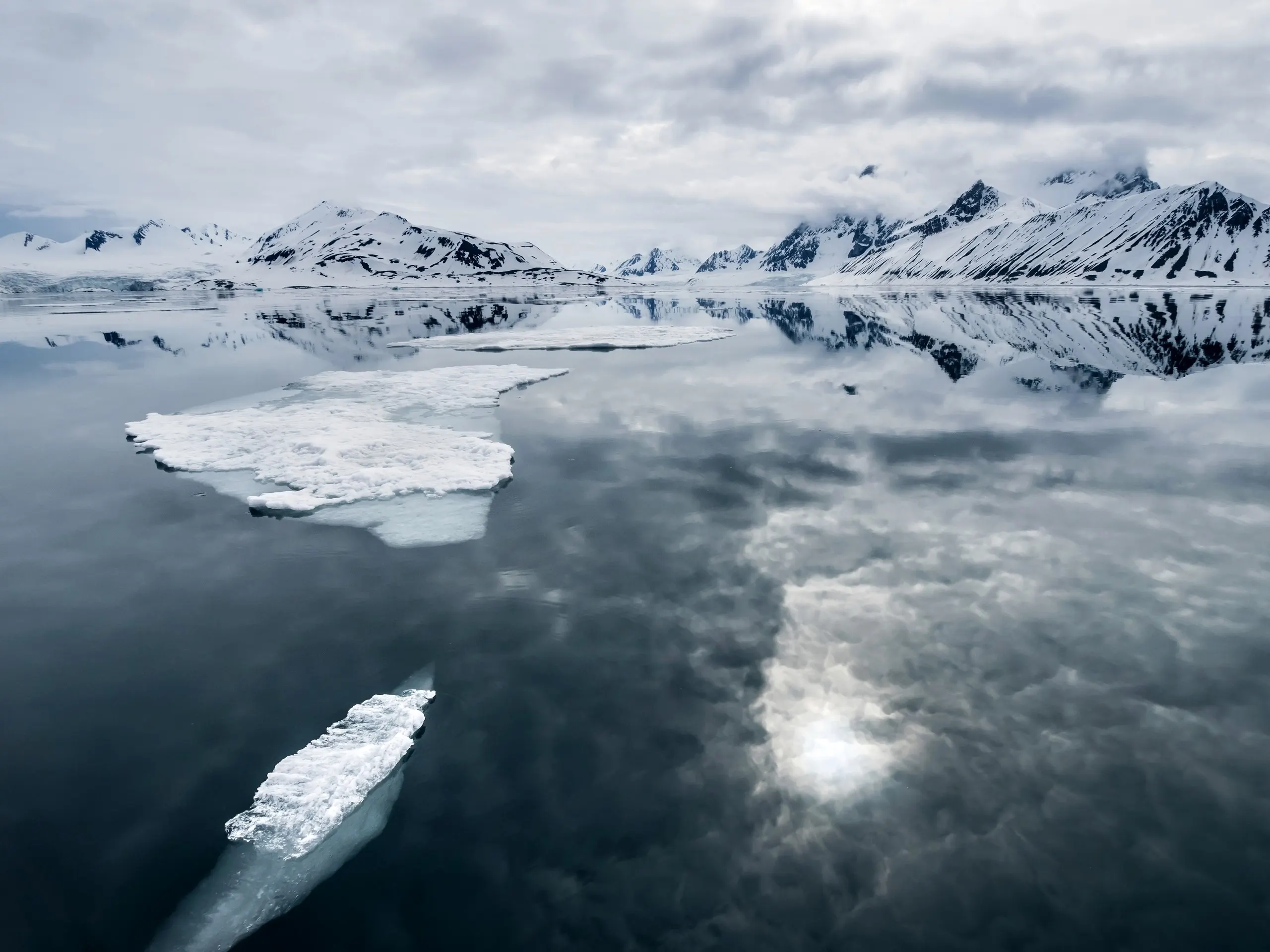 Ice floes and cloud reflections on a still fjord as winter ends