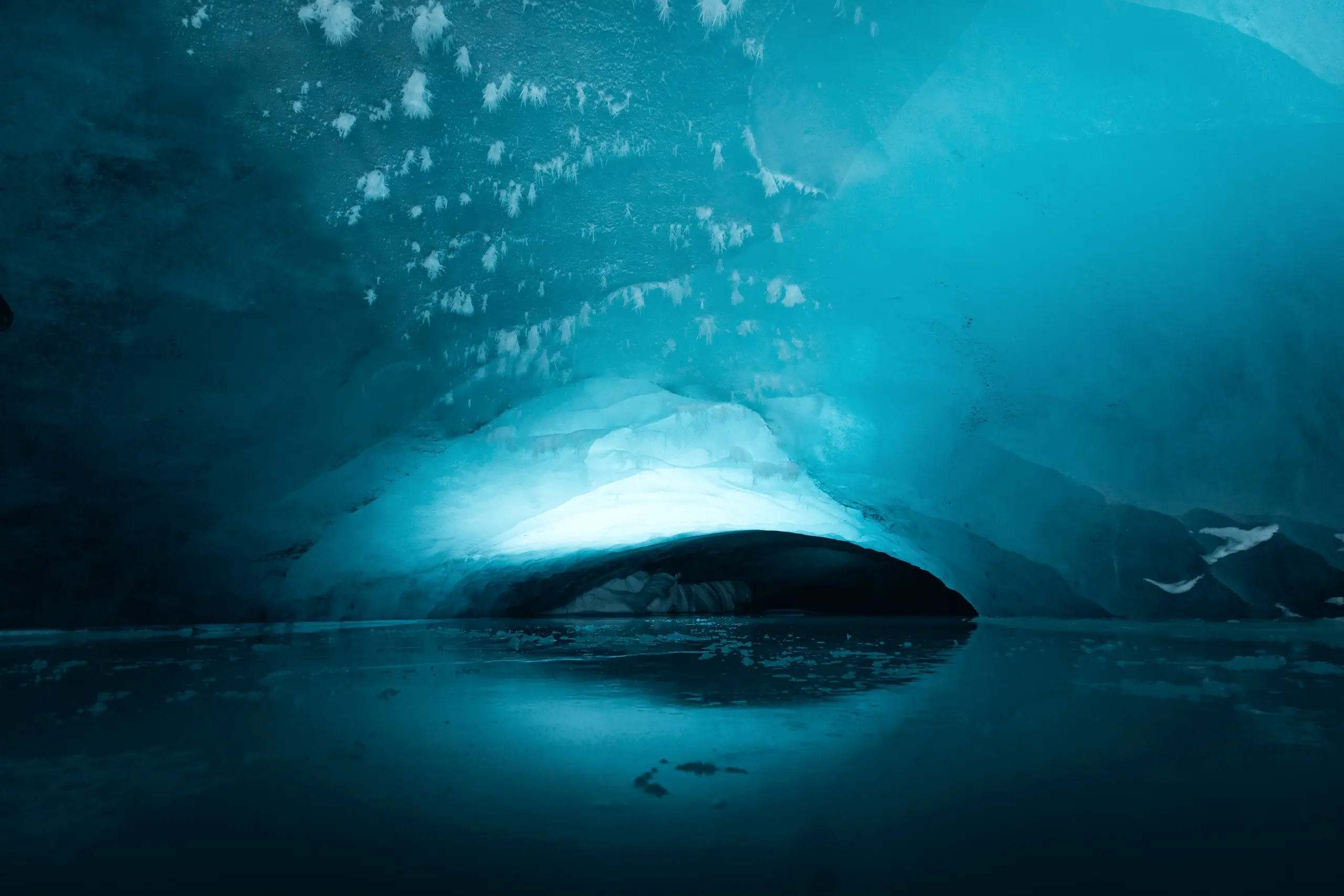 The blue interior of a glacier ice cave